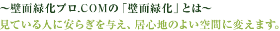 ～壁面緑化プロ.comの「壁面緑化」とは～見ている人に安らぎを与え、居心地のよい空間に変えます。